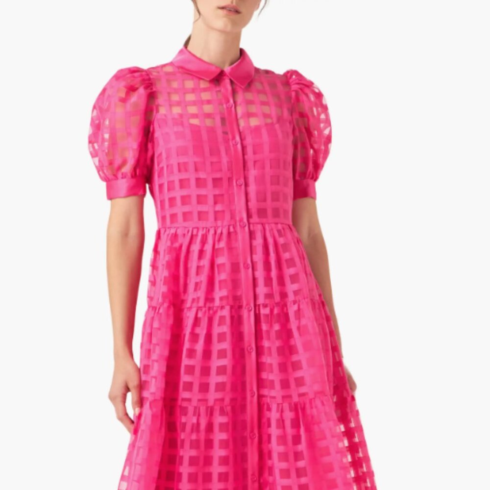 Grid Pattern Tiered Midi Shirtdress